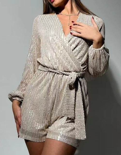 Load image into Gallery viewer, Full Size Sequin Surplice Tie Waist Long Sleeve Romper
