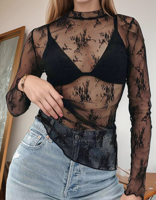 Load image into Gallery viewer, Floral Mock Neck Long Sleeve Mesh Top
