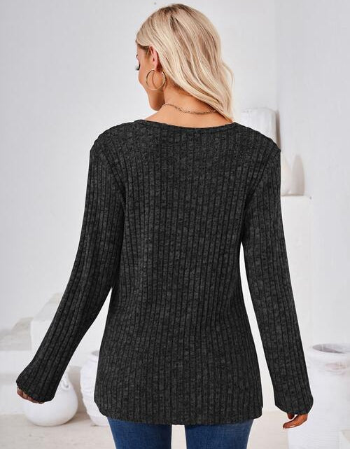 Load image into Gallery viewer, Ribbed Buttoned Round Neck Slit T-Shirt
