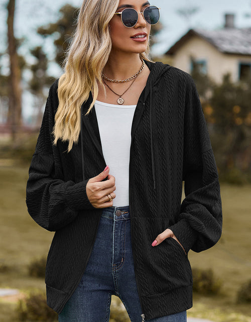 Load image into Gallery viewer, Drawstring Zip Up Dropped Shoulder Hoodie
