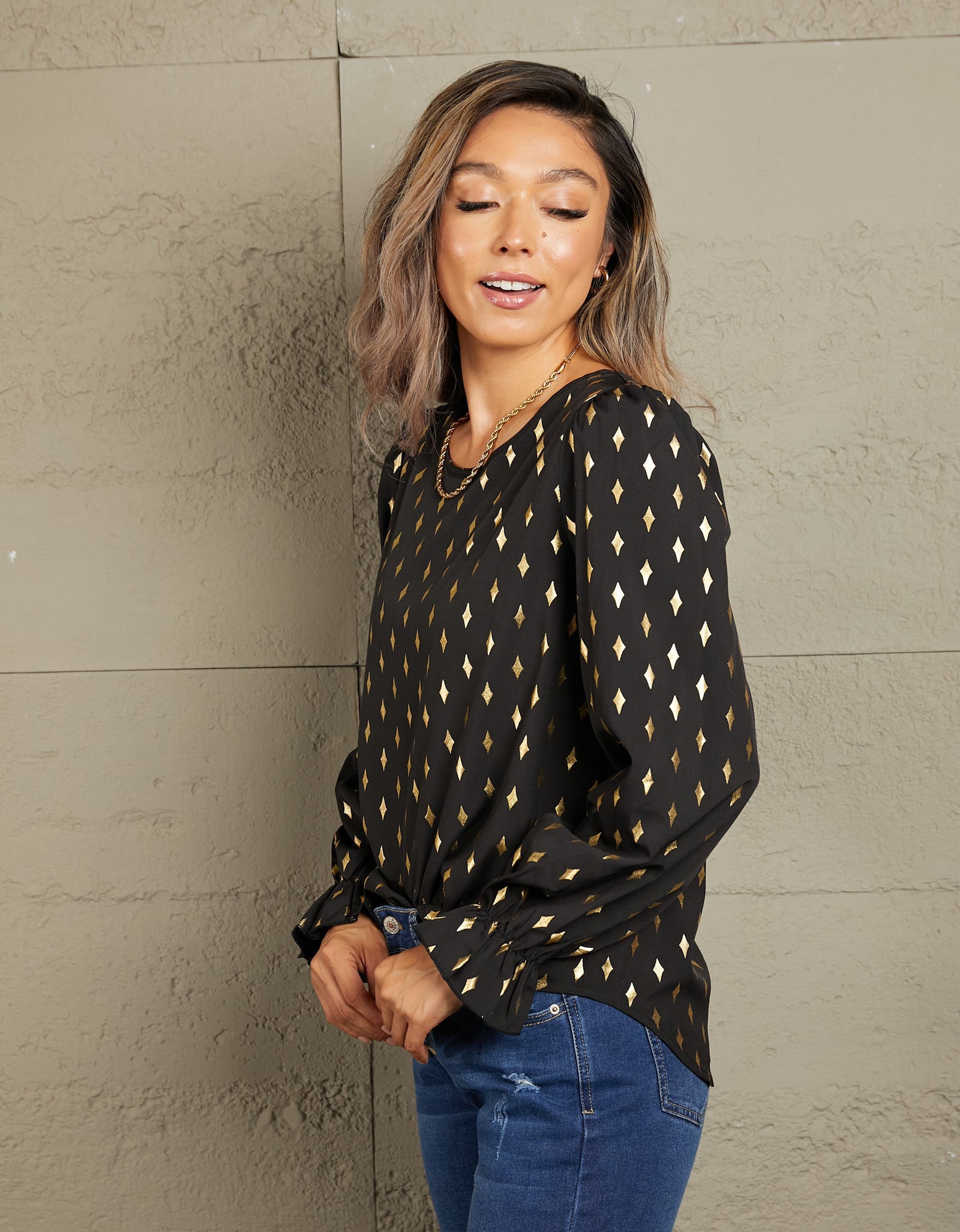 Perfee Printed Round Neck Flounce Sleeve Blouse