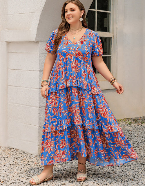 Load image into Gallery viewer, Plus Size Ruffled Printed V-Neck Short Sleeve Maxi Dress
