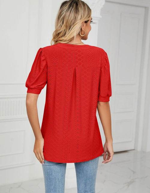 Load image into Gallery viewer, Eyelet Short Puff Sleeve Notched Neck Top
