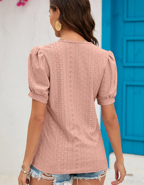 Load image into Gallery viewer, Eyelet V-Neck Short Sleeve T-Shirt
