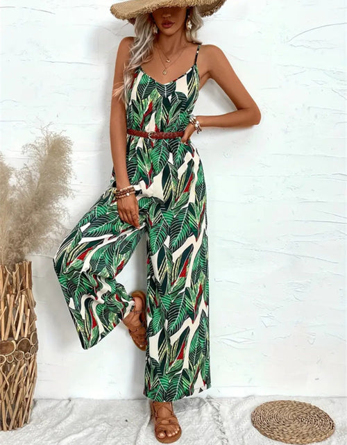 Load image into Gallery viewer, Tropical Print Spaghetti Strap Wide Leg Jumpsuit
