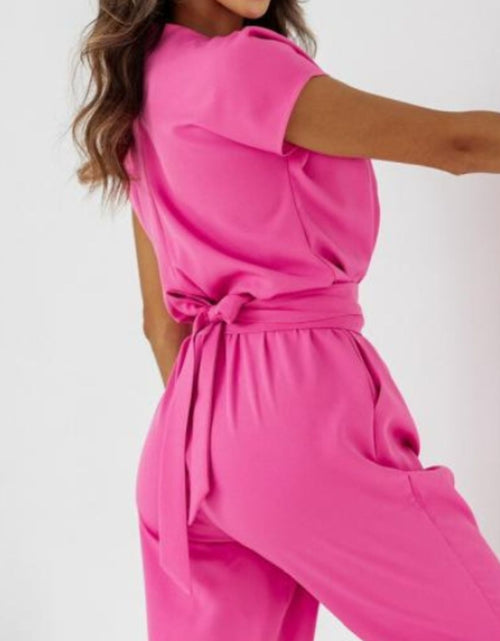 Load image into Gallery viewer, Surplice Cap Sleeve Tie Waist Jumpsuit
