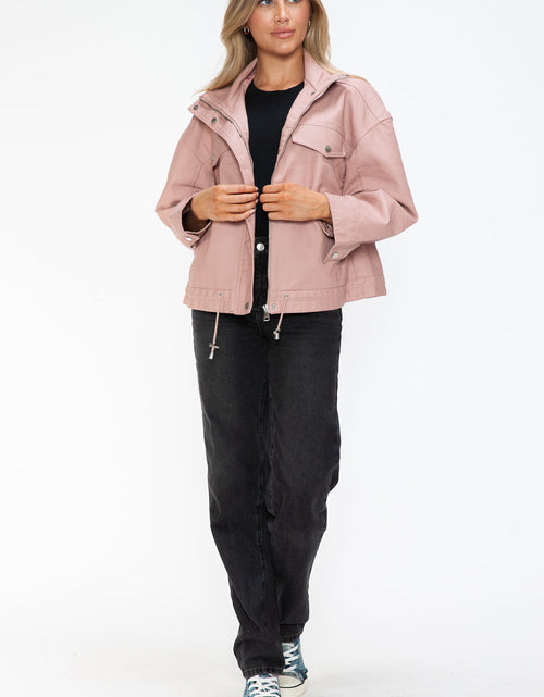 Load image into Gallery viewer, How Dare U Drawstring Hem PU Leather Zip Up Jacket
