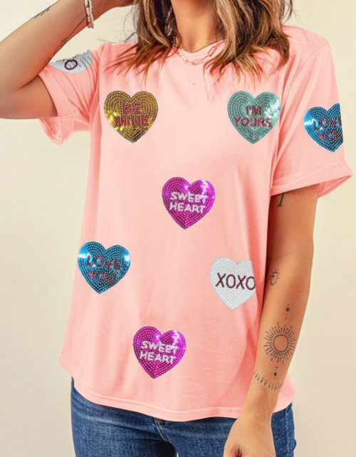 Load image into Gallery viewer, Valentine’s Day Sequin Heart Round Neck Short Sleeve T-Shirt
