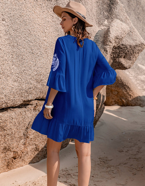 Load image into Gallery viewer, Printed Tie Neck Flounce Sleeve Mini Dress
