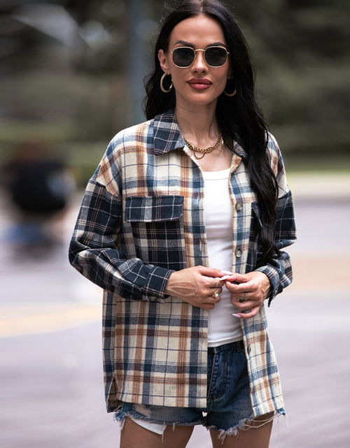 Load image into Gallery viewer, Shiny Plaid Dropped Shoulder Shacket
