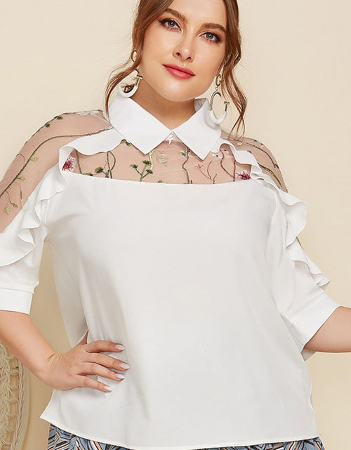 Load image into Gallery viewer, Plus Size Embroidered Ruffle Trim Collared Half Sleeve Blouse

