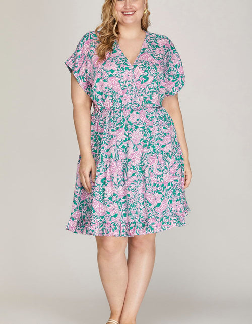 Load image into Gallery viewer, She + Sky Full Size Ruffled Hem Printed Surplice Kimono Sleeve Mini Dress Plus Size
