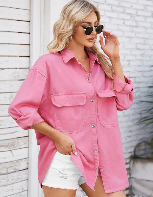 Load image into Gallery viewer, Pocketed Snap Down Dropped Shoulder Denim Shacket

