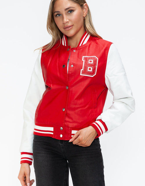Load image into Gallery viewer, Love Me Now PU Leather Contrast Snap Down Bomber Jacket
