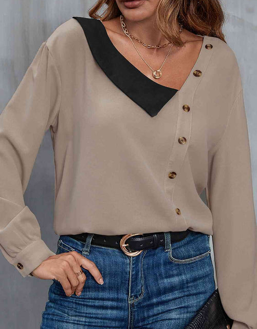 Load image into Gallery viewer, Asymmetrical Neck Buttoned Long Sleeve Top
