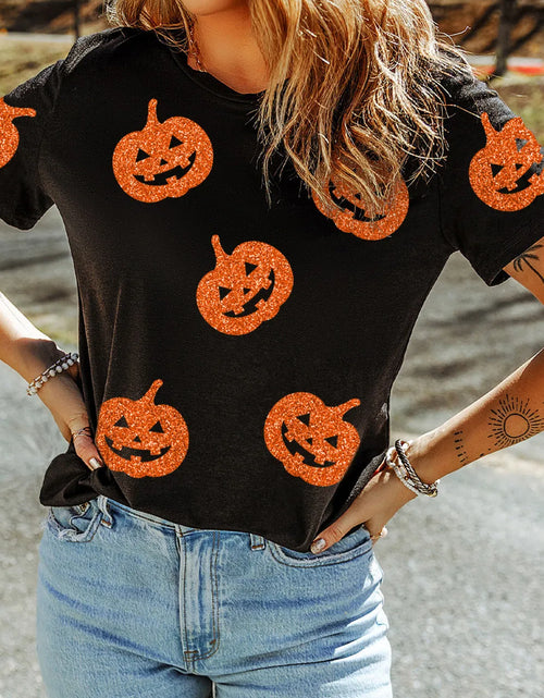 Load image into Gallery viewer, Full Size Glitter Jack-O'-Lantern Round Neck Short Sleeve T-Shirt
