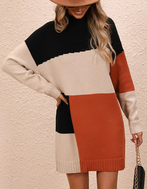 Load image into Gallery viewer, Color Block Mock Neck Dropped Shoulder Sweater Dress
