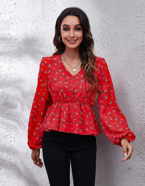 Load image into Gallery viewer, Floral V-Neck Balloon Sleeve Peplum Blouse
