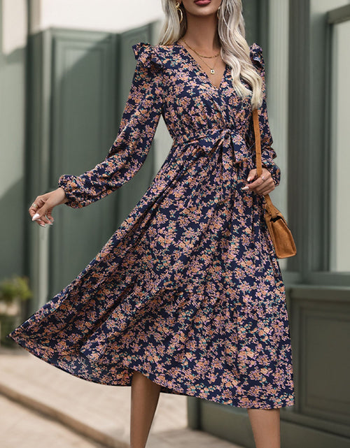 Load image into Gallery viewer, Perfee Printed Surplice Long Sleeve Midi Dress
