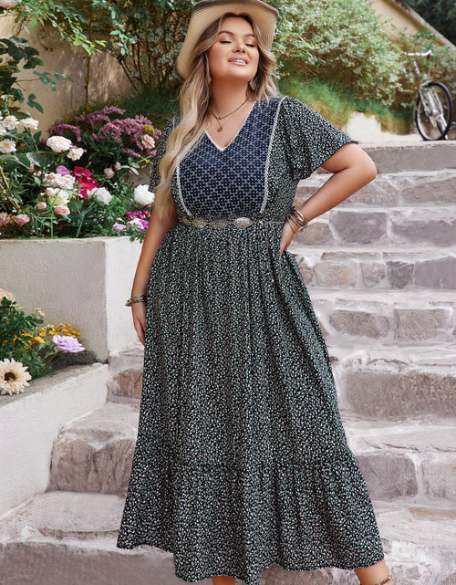 Load image into Gallery viewer, Plus Size Printed V-Neck Flutter Sleeve Midi Dress
