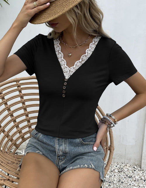 Load image into Gallery viewer, Ivy Lane Lace Trim V-Neck Short Sleeve Blouse

