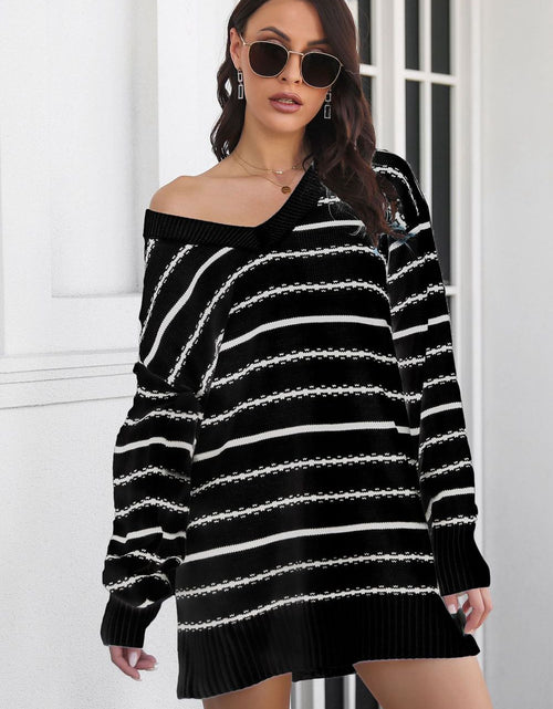 Load image into Gallery viewer, Striped V-Neck Sweater Dress

