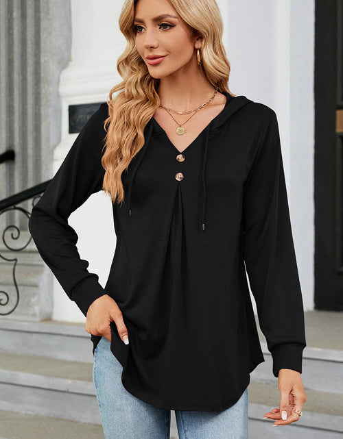Load image into Gallery viewer, Decorative Button Drawstring Long Sleeve Hoodie
