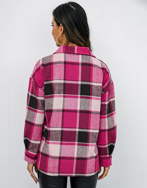 Load image into Gallery viewer, Shiny Plaid Button Up Collared Neck Jacket
