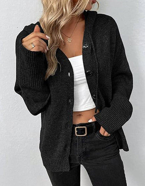 Load image into Gallery viewer, Button Up Drawstring Long Sleeve Hooded Cardigan
