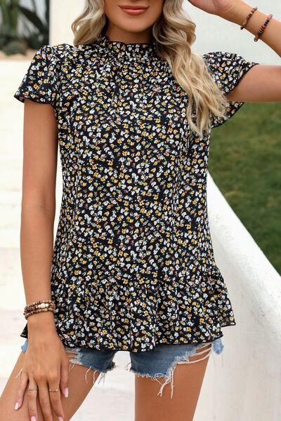 Load image into Gallery viewer, Ditsy Floral Mock Neck Short Sleeve T-Shirt
