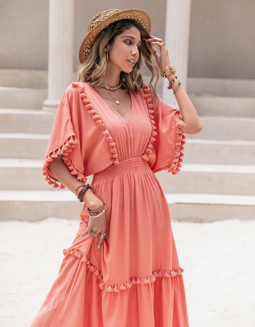 Load image into Gallery viewer, Tassel Trim Smocked V-Neck Short Sleeve Dress
