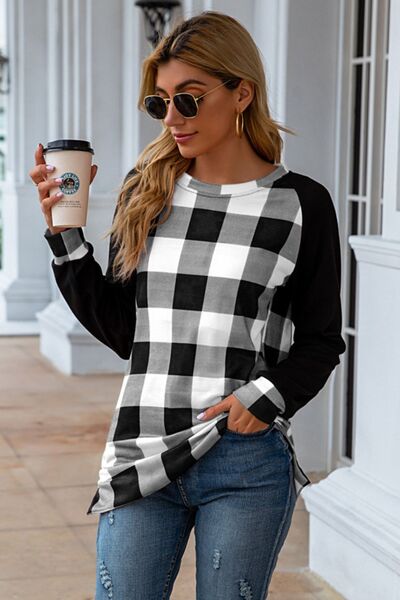 Load image into Gallery viewer, Plaid Round Neck Long Sleeve T-Shirt
