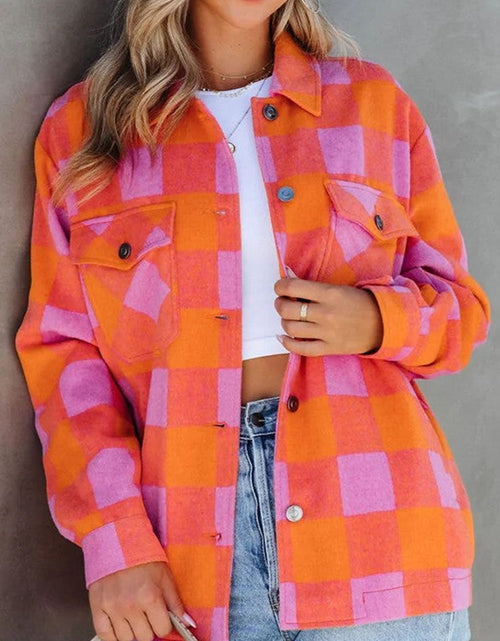 Load image into Gallery viewer, Plaid Collared Neck Button Up Jacket
