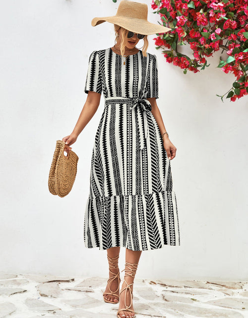 Load image into Gallery viewer, Striped Tie Belt Round Neck Puff Sleeve Dress
