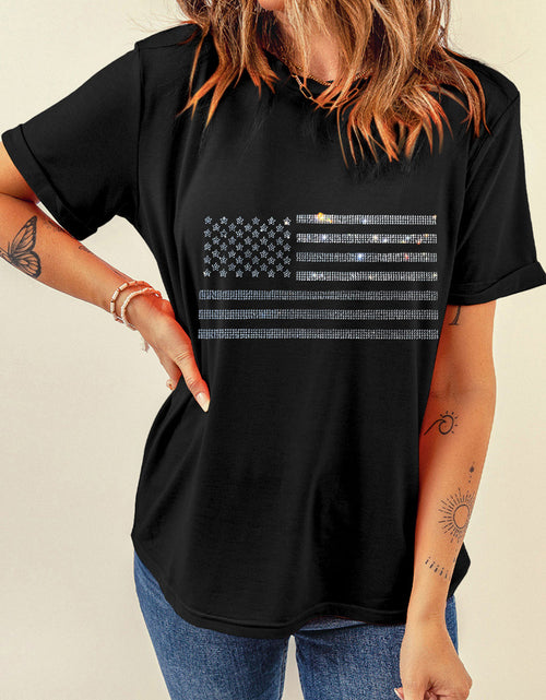 Load image into Gallery viewer, Rhinestone US Flag Round Neck Short Sleeve T-Shirt
