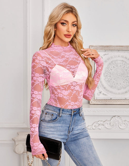 Load image into Gallery viewer, Mock Neck Long Sleeve Lace Sheer Top
