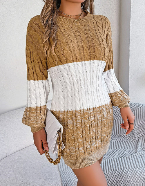 Load image into Gallery viewer, Cable-Knit Round Neck Color Block Sweater Dress
