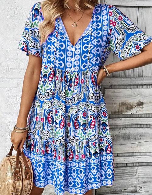 Load image into Gallery viewer, Printed Tie Neck Short Sleeve Dress
