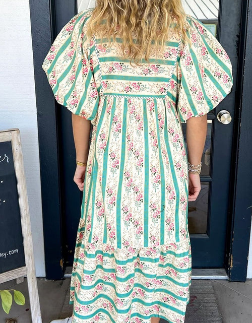 Load image into Gallery viewer, Striped Floral Print Tie Neck Puff Sleeve Midi Dress
