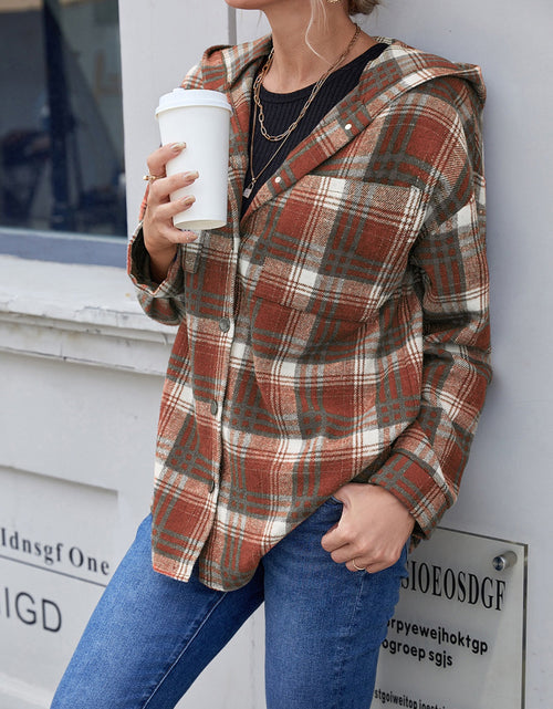 Load image into Gallery viewer, Ivy Lane Plaid Button Up Long Sleeve Hooded Jacket
