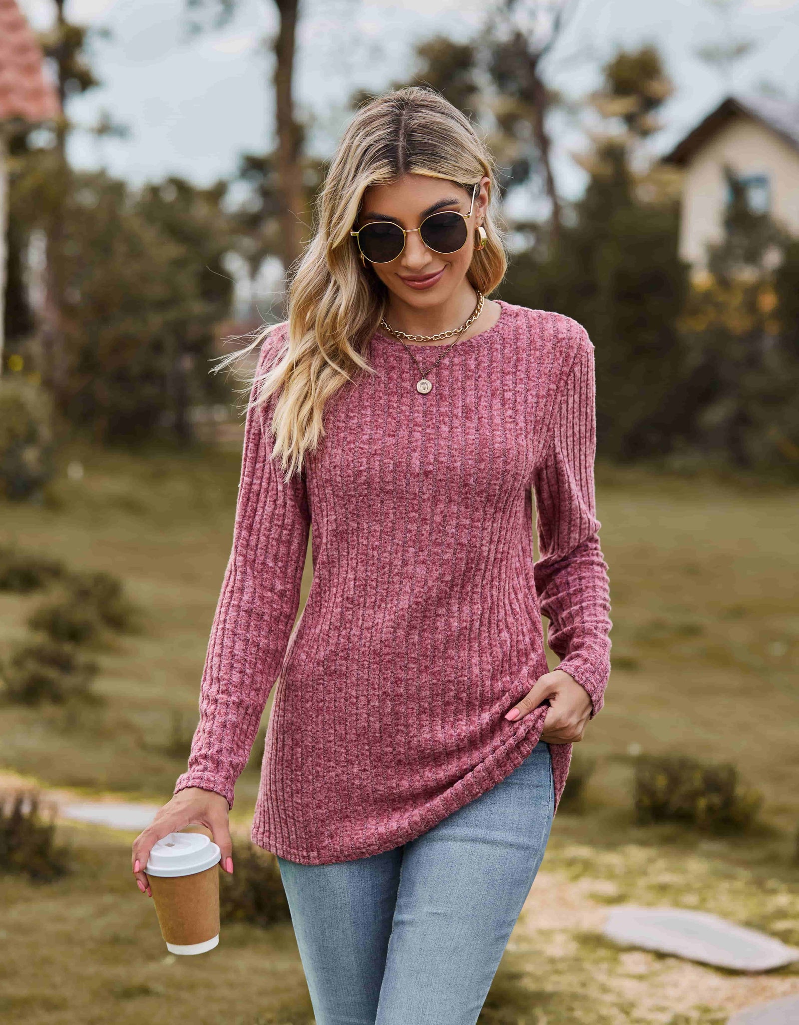 Ribbed Round Neck Long Sleeve Tee
