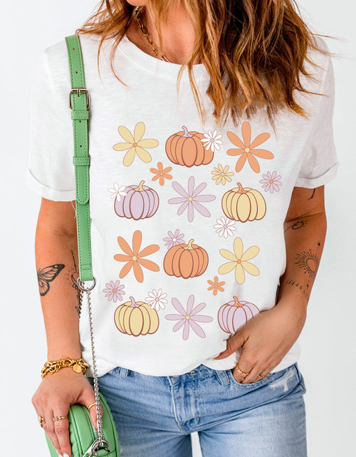 Load image into Gallery viewer, Pumpkin &amp; Flower Round Neck Short Sleeve T-Shirt
