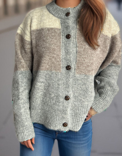 Load image into Gallery viewer, Color Block Round Neck Button Up Cardigan
