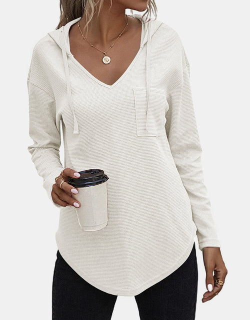 Load image into Gallery viewer, Drawstring Waffle Knit Long Sleeve Hooded Top
