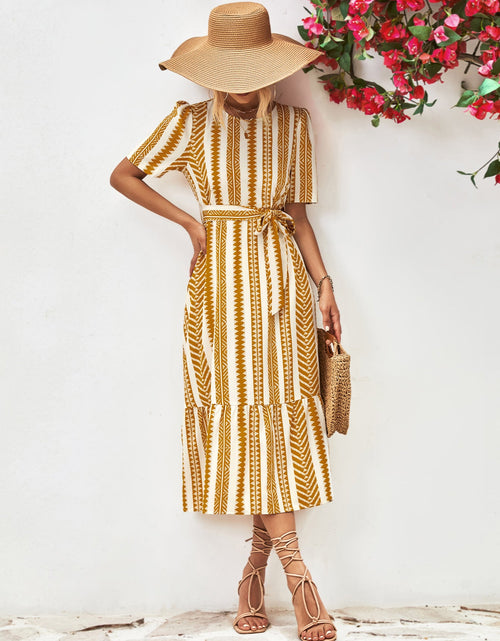 Load image into Gallery viewer, Striped Tie Belt Round Neck Puff Sleeve Dress
