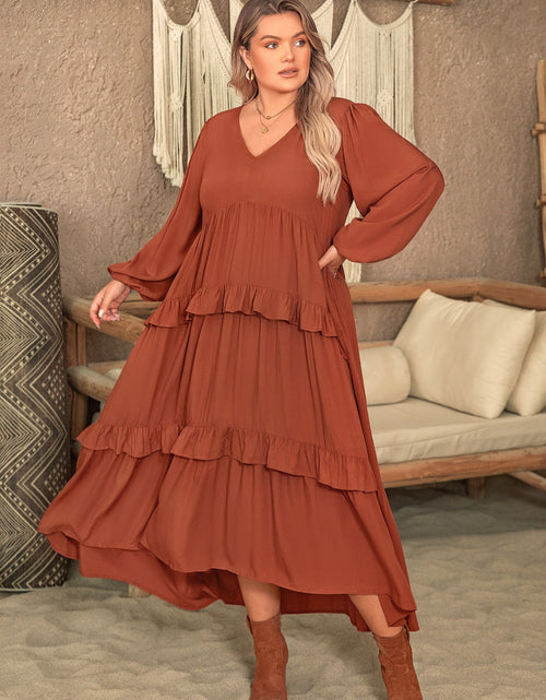 Load image into Gallery viewer, Plus Size Ruffled V-Neck Balloon Sleeve Dress

