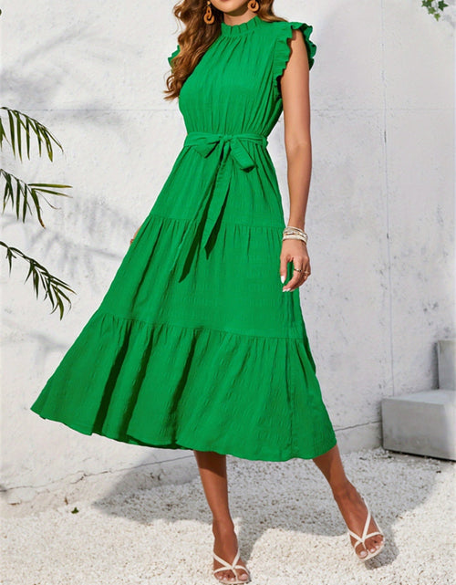 Load image into Gallery viewer, Frill Mock Neck Ruffled Cap Sleeve Midi Dress

