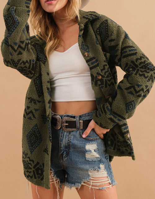 Load image into Gallery viewer, Geometric Button Up Long Sleeve Sherpa Jacket
