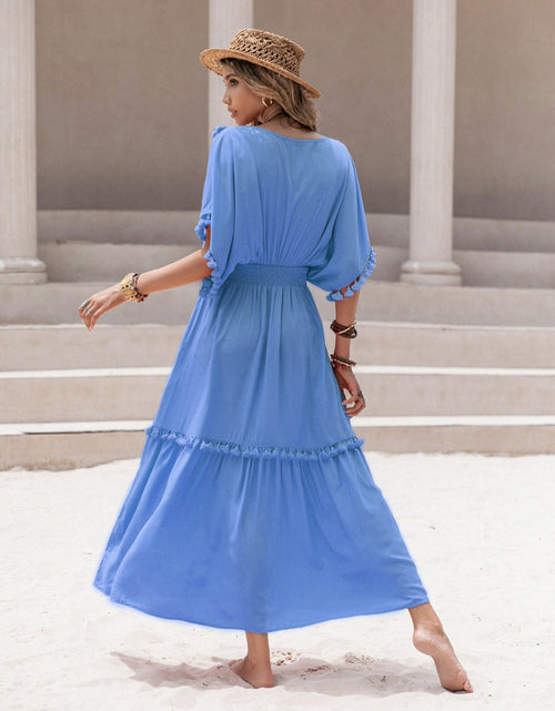 Load image into Gallery viewer, Tassel Trim Smocked V-Neck Short Sleeve Dress
