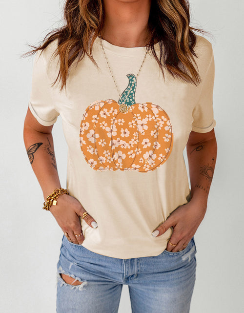 Load image into Gallery viewer, Pumpkin Graphic Round Neck Cuffed T-Shirt
